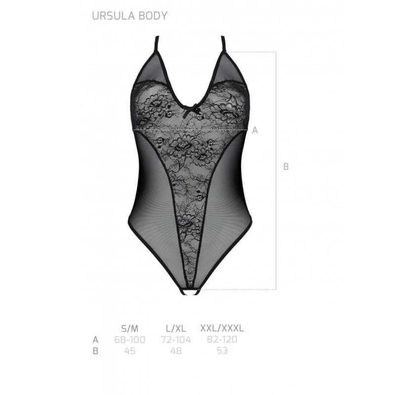 Боді з ажурним декором та відкритим кроком Passion URSULA BODY L/XL, чорний колір