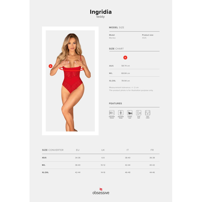 Боді з доступом Obsessive Ingridia crotchless teddy M/L, червоне, відкриті груди