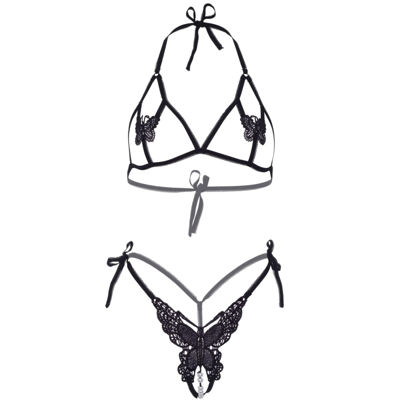 Эротический комплект с открытой чашкой Leg Avenue Open cup bra and pearl panty One Size Черный цвет