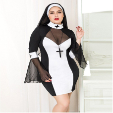 Еротичний костюм черниці JSY "Грішниця Лола" Plus Size Чорний колір, сукня, хрест, апостольник