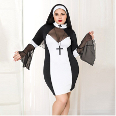 Еротичний костюм черниці JSY "Грішниця Лола" Plus Size Чорний колір, сукня, хрест, апостольник