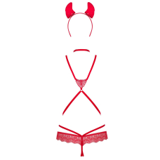 Еротичний костюм чортика зі стреп Obsessive Evilia teddy червоний L/XL, боді, чокер, накладки на соски, о