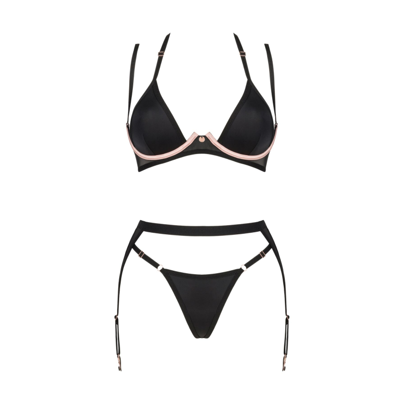 Комплект білизни Obsessive Selinne 3–pcs set M/L Чорний колір, бюстгальтер, стрінги пояс для панчіх