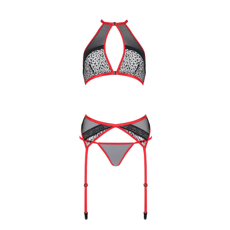 Комплект білизни Passion SATARA SET L/XL червоний, топ, пояс для панчіх, стрінги