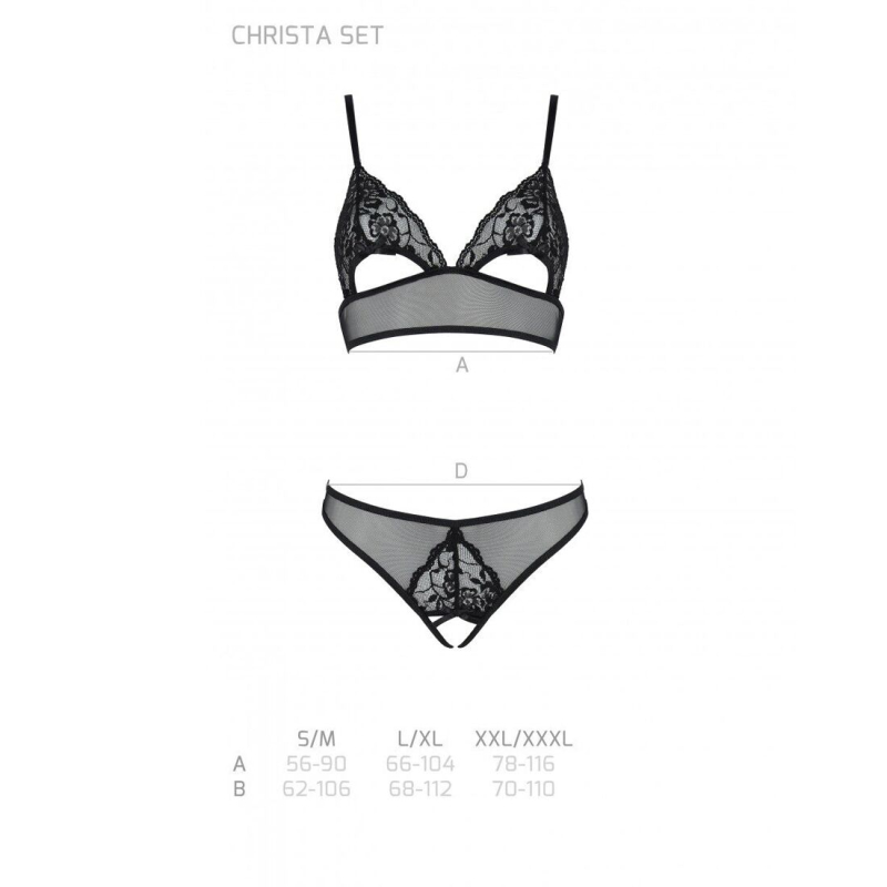 Комплект бралет з ажурним ліфом та відкритими трусиками Passion CHRISTA SET Open Bra 2XL/3XL чорний колір