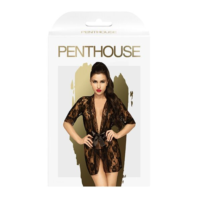 Комплект пеньюар з декором у вигляді троянд та стрінгами Penthouse – Sweet Retreat Чорний XL
