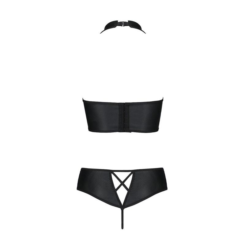Комплект з еко–шкіри Passion NANCY BIKINI S/M, чорний колір, бра та трусики з імітацією шнурівки