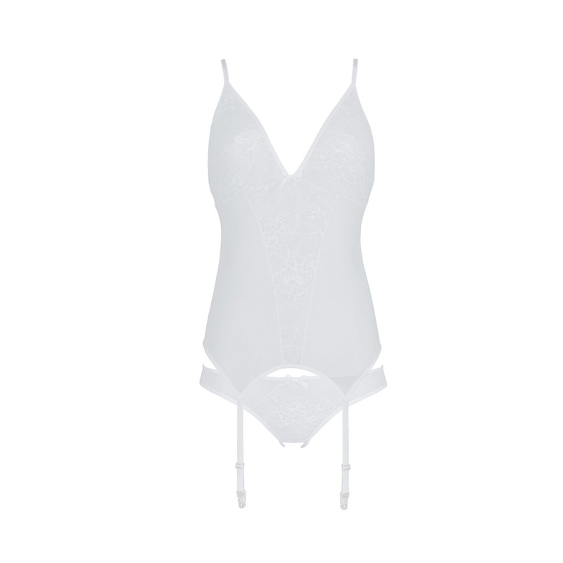 Корсет с пажами, трусики с ажурным декором и открытым шагом Passion URSULA CORSET S/M, белый