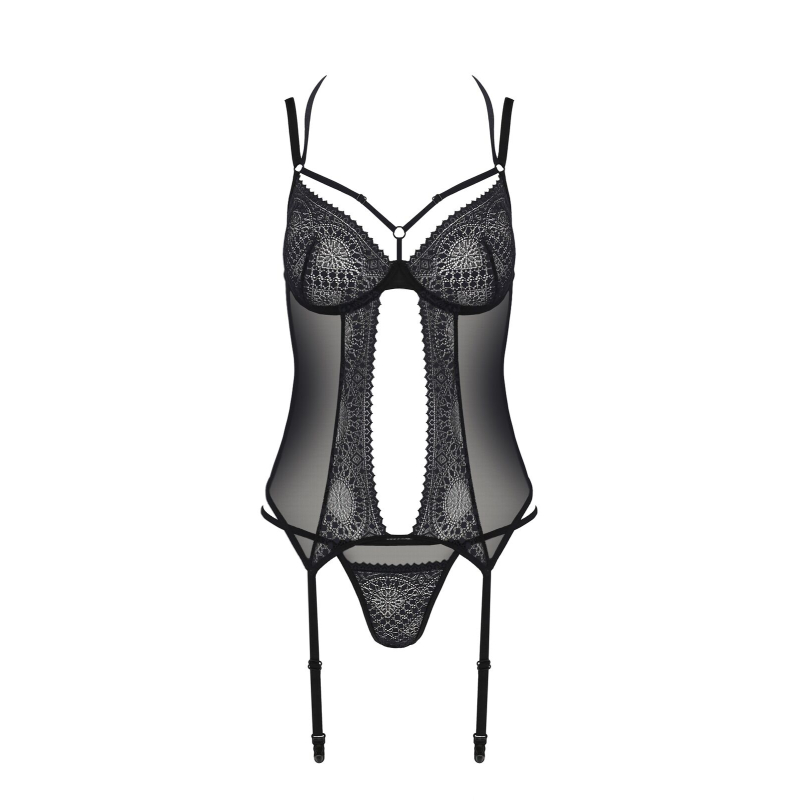 Корсет Passion DROSERA CORSET Чорний, S/M, з кріпленнями для панчіх, трусики в комплекті