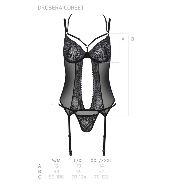 Корсет Passion DROSERA CORSET Чорний, S/M, з кріпленнями для панчіх, трусики в комплекті