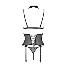 Корсет з відкритими грудьми Passion DOMINICA CORSET S/M Чорний, пажі для панчіх, стрінги