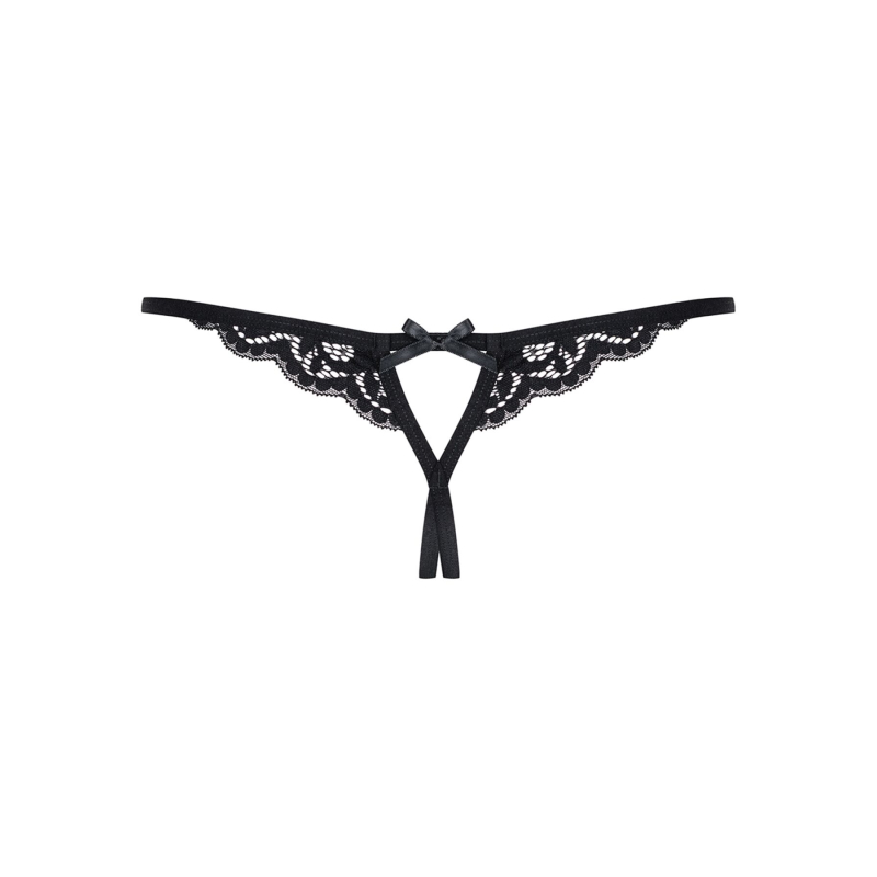 Кружевные танги с двумя отверстиями Obsessive 831–THC–1 crotchless thong L/XL, черные, бантики