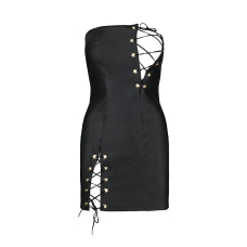 Мінісукня з екошкіри Passion CELINE CHEMISE 2XL/3XL, чорний колір, шнурівка, трусики в комплекті