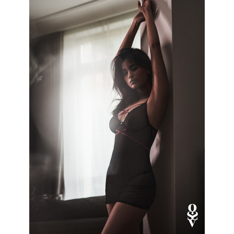 Пеньюар Obsessive Novenes chemise & thong, XS/S, обтягивающий, прозрачный, со стропами, стринги в комплекте