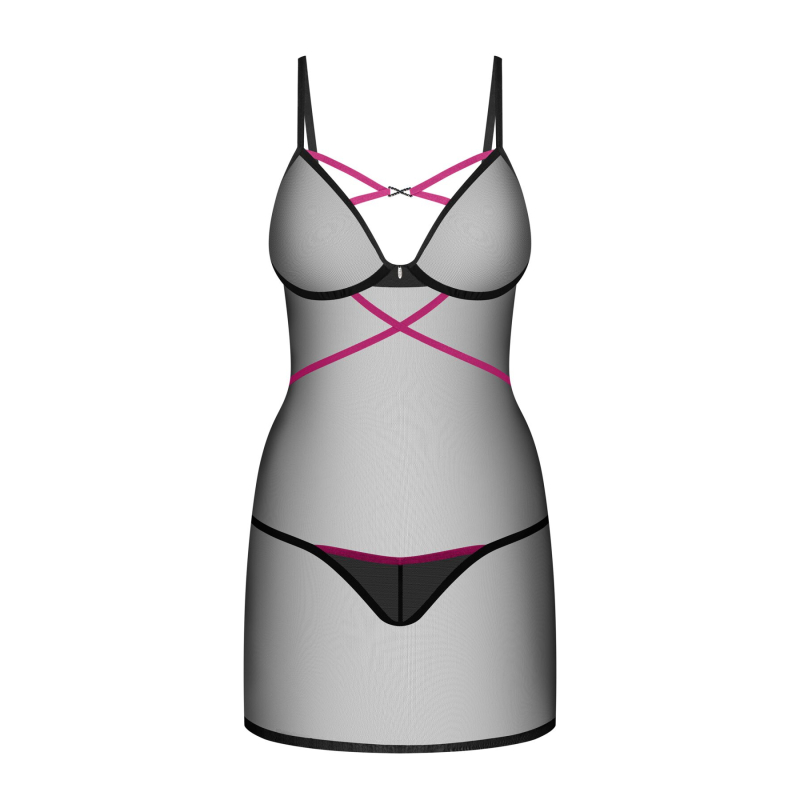 Пеньюар Obsessive Novenes chemise & thong, XS/S, обтягивающий, прозрачный, со стропами, стринги в комплекте