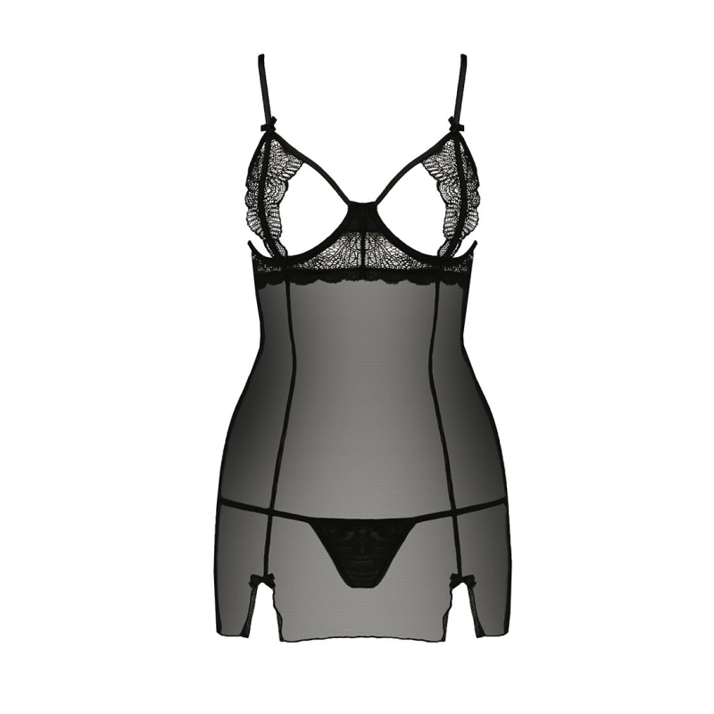 Прозрачная сорочка приталенная Passion QUENTRIS CHEMISE S/M, черный цвет, трусики