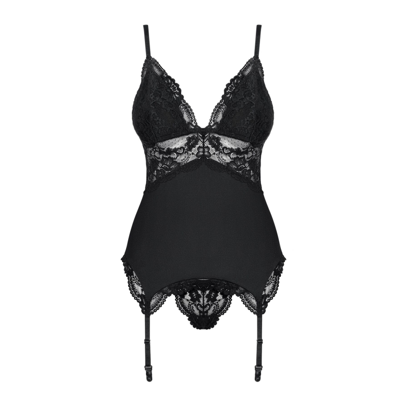 Сатиновий мереживний корсет Obsessive 810–COR–1 babydoll & thong S/M, чорний, корсет, танга