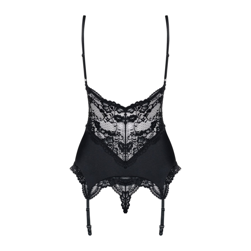 Сатиновий мереживний корсет Obsessive 810–COR–1 babydoll & thong S/M, чорний, корсет, танга