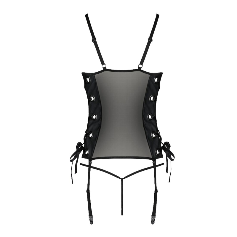 Сітчастий корсет з екошкіри Passion MALWIA CORSET 4XL/5XL Чорний, з люверсами та знімними пажами