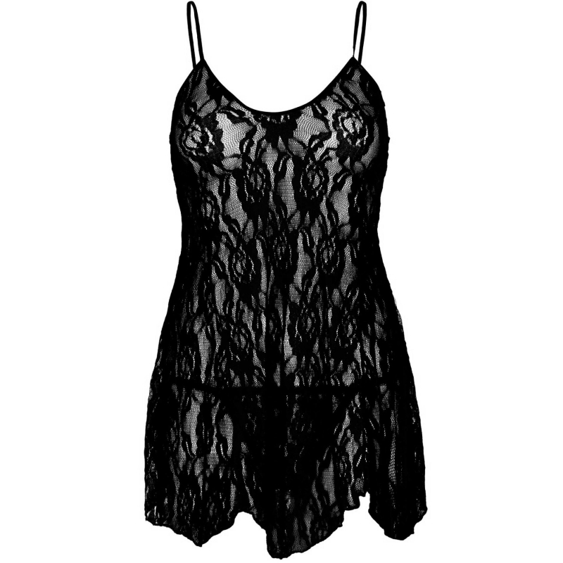 Сорочка бебі–дол Leg Avenue Rose Lace Flair Chemise Чорний колір, One Size