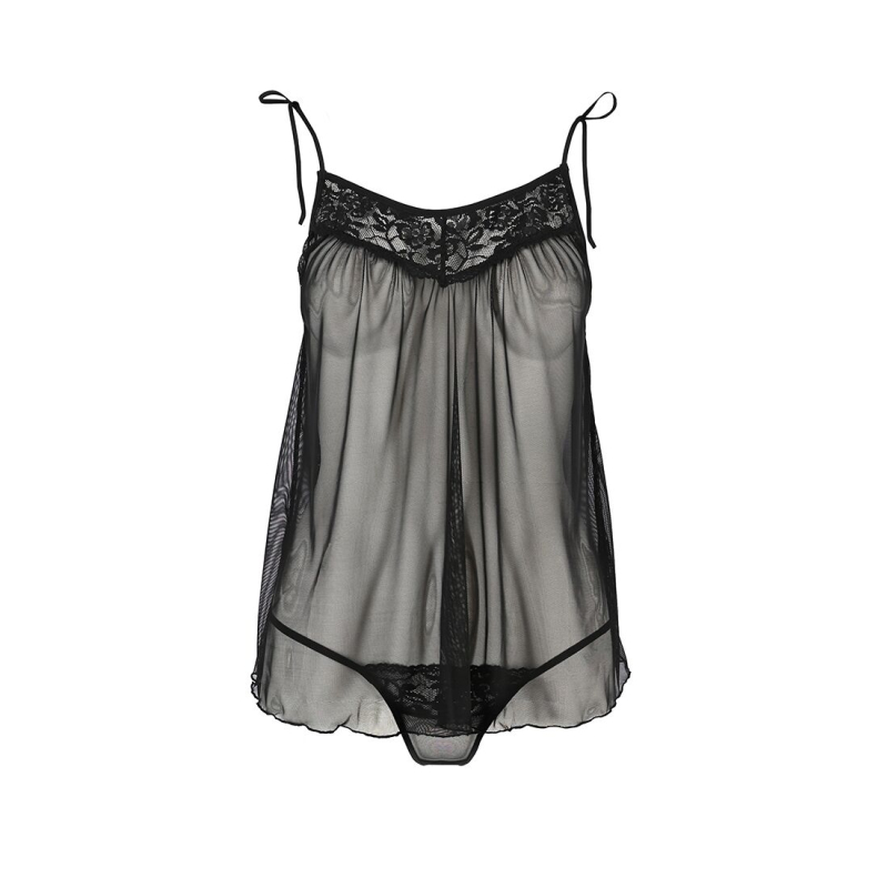 Сорочка прозора бебі дол Passion MELANIA CHEMISE L/XL, чорний колір, трусики, на тонких бретелях