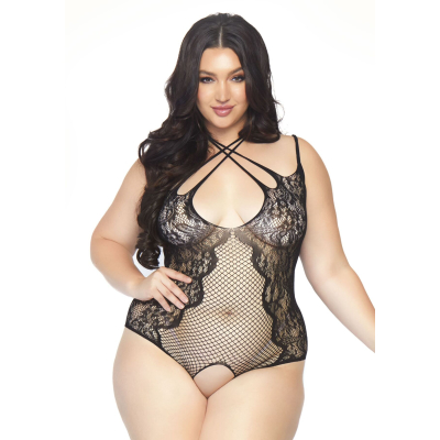 Тедді з відкритим доступом Leg Avenue Net lace crotchless teddy 1X–2X Чорний колір, шнурівка на спині