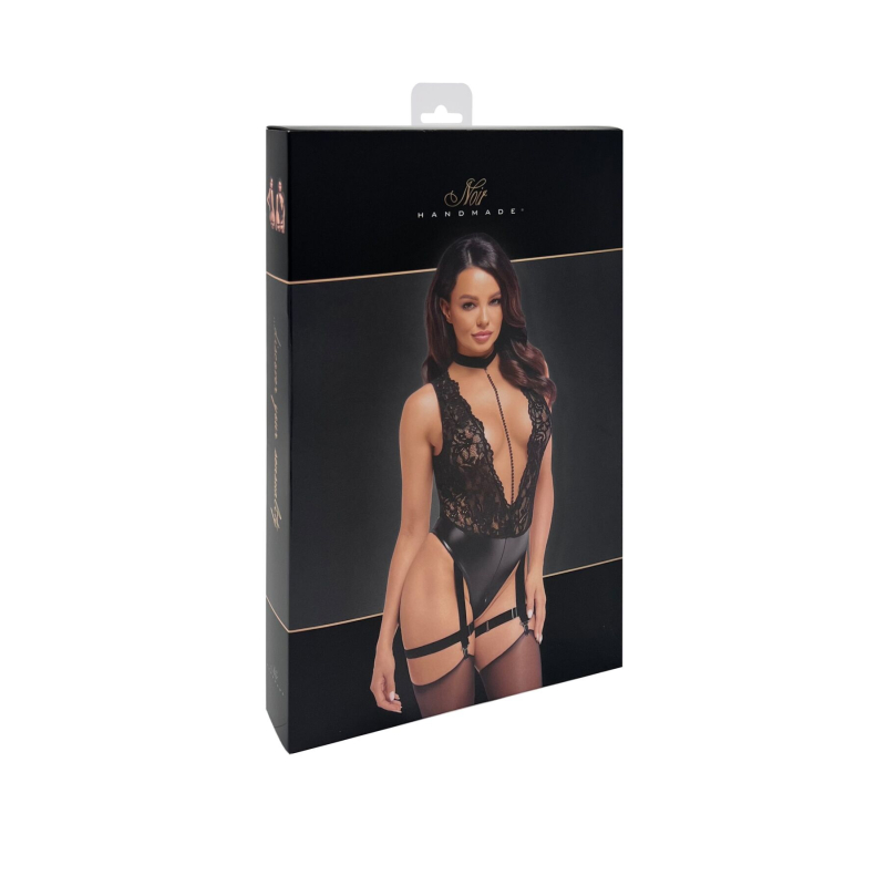 Боди Noir Handmade F297 Libido с глубоким V-образным вырезом, воротником, жемчужной цепочкой и подвязками – S