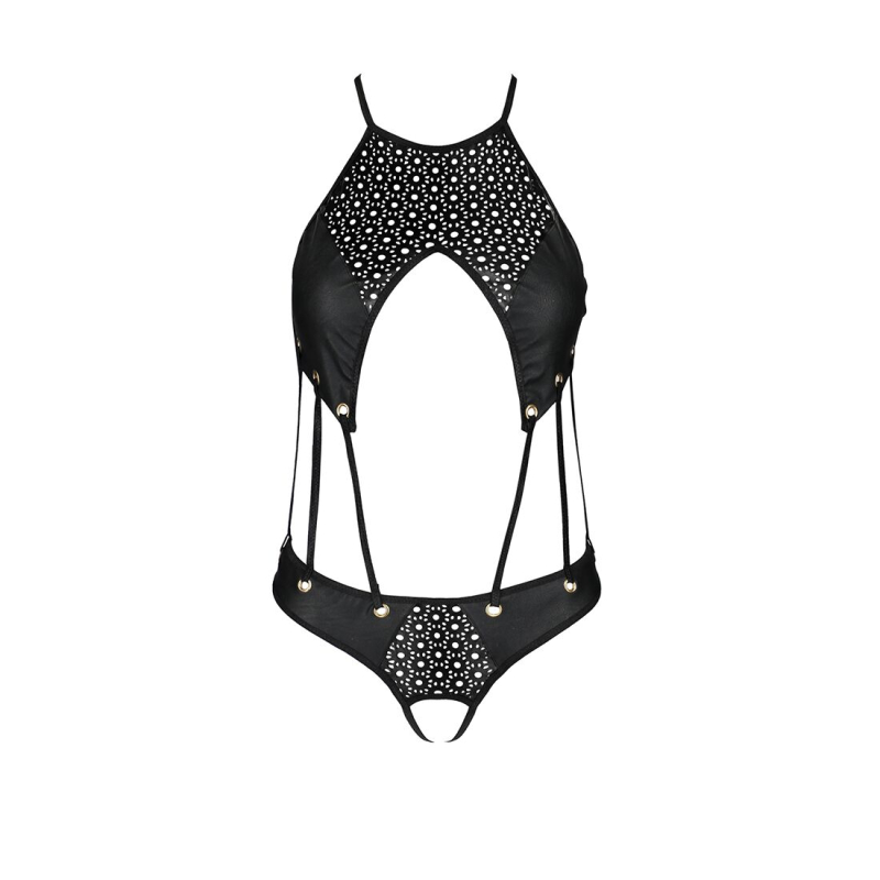 Боди с открытым доступом Passion TASMINA BODY S/M, черный цвет, эко-кожа, шнуровки, ажурные кружева