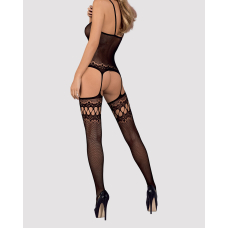 Бодістокінг Obsessive Bodystocking F214 Чорний S/M/L, імітація корсета та панчіх на підв’язках