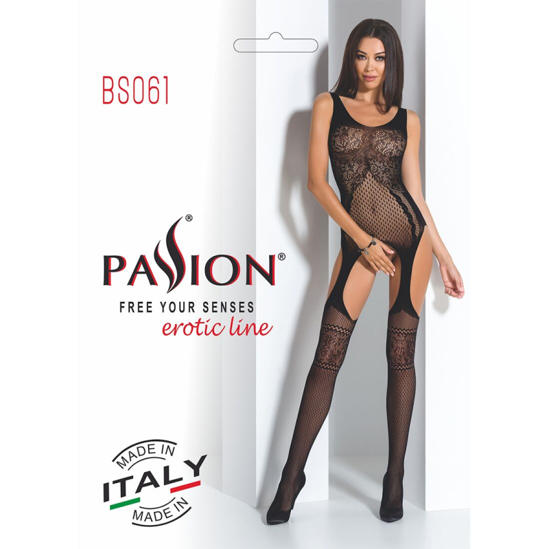 Боди-стокинг Passion BS061 черный, комбинезон, имитация чулок