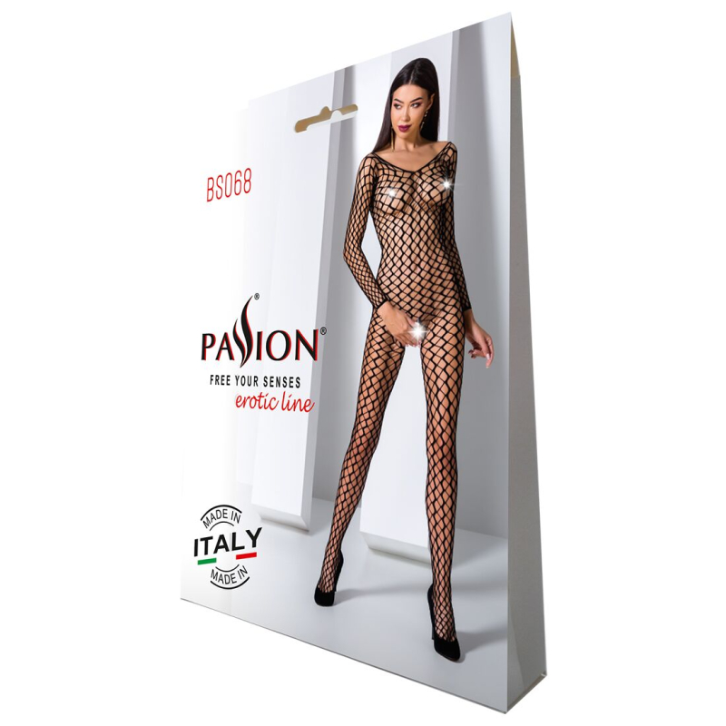 Бодистокинг Passion BS068 Черный, комбинезон, большая сетка, длинный рукав