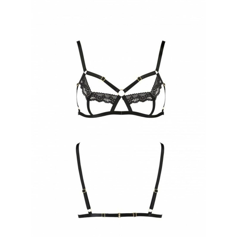 Бюстгальтер–стрепи з мереживом Passion Exclusive SOLON BRA 2XL/3XL, чорний колір, трусики в комплекті