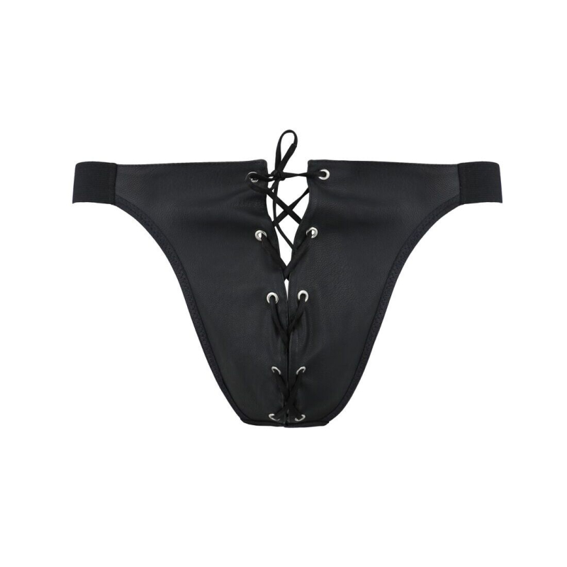 Мужские слипы на шнуровке Passion 044 SLIP BEN L/XL Черный цвет, экокожа, люверсы