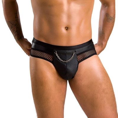 Чоловічі труси з ланцюжком Passion 030 SLIP TOM S/M Чорний колір, екошкіра, відкриті сідниці