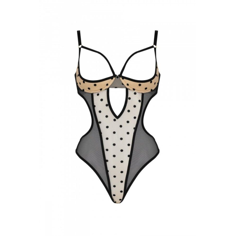 Еротичне боді Passion MARINA BODY, 2XL/3XL, кремовий, з відкритими чашками