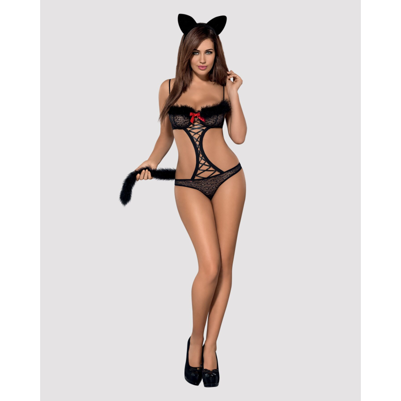 Эротический костюм гепарда Obsessive Gepardina 3 pcs costume S/M, черный, с меховым отделкой, монокини