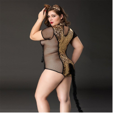 Еротичний костюм кішечки JSY "Імператриця Кітті" Plus Size, Чорний колір, боді, шнурівка, хвіст, вушка