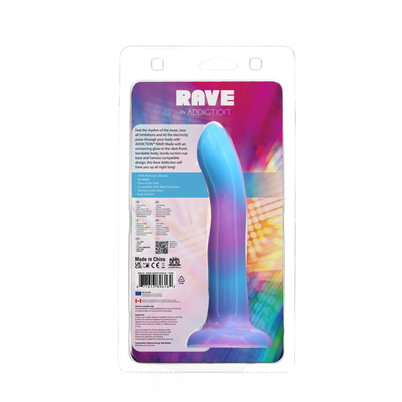 Фаллоимитатор ADDICTION Rave Glow in the Dark Dildo Blue Purple, светится в темноте, длина 20.3 см
