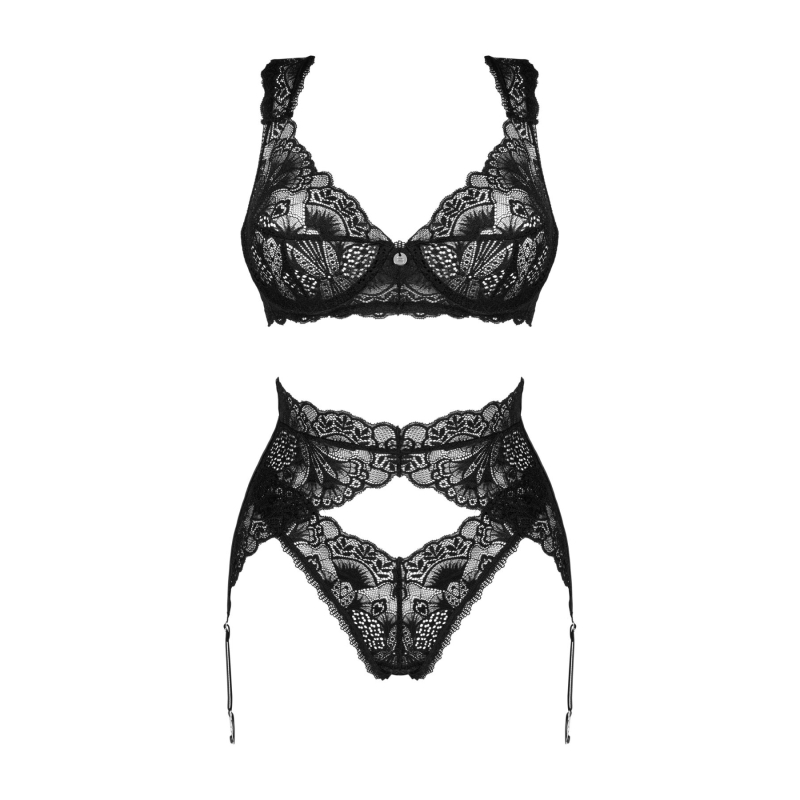 Комплект білизни Obsessive Donna Dream 3–pcs set XS/S Чорний колір, бюстгальтер, стрінги, пояс для панчіх