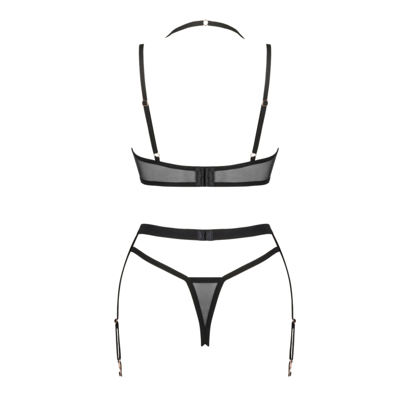 Комплект білизни Obsessive Selinne 3–pcs set XL/2XL Чорний колір, бюстгальтер, стрінги пояс для панчіх