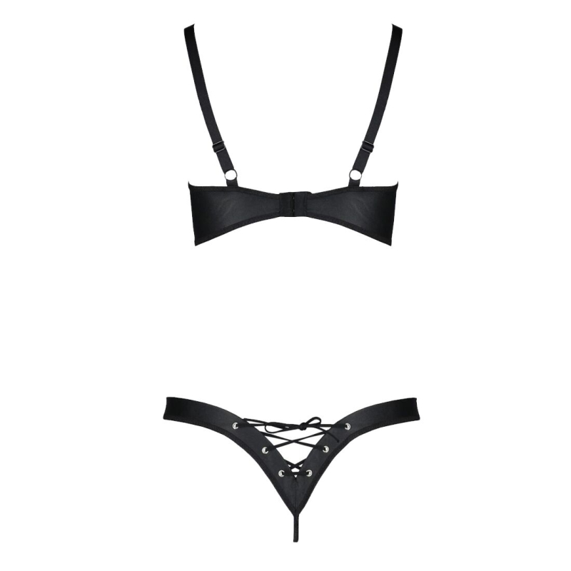 Комплект з екошкіри Passion CELINE BIKINI 4XL/5XL Чорний, відкритий бра, стрінги зі шнурівкою