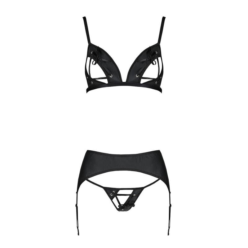 Комплект з екошкіри Passion MILEY SET S/M, чорний колір, трусики, бюстгальтер, пояс для панчіх
