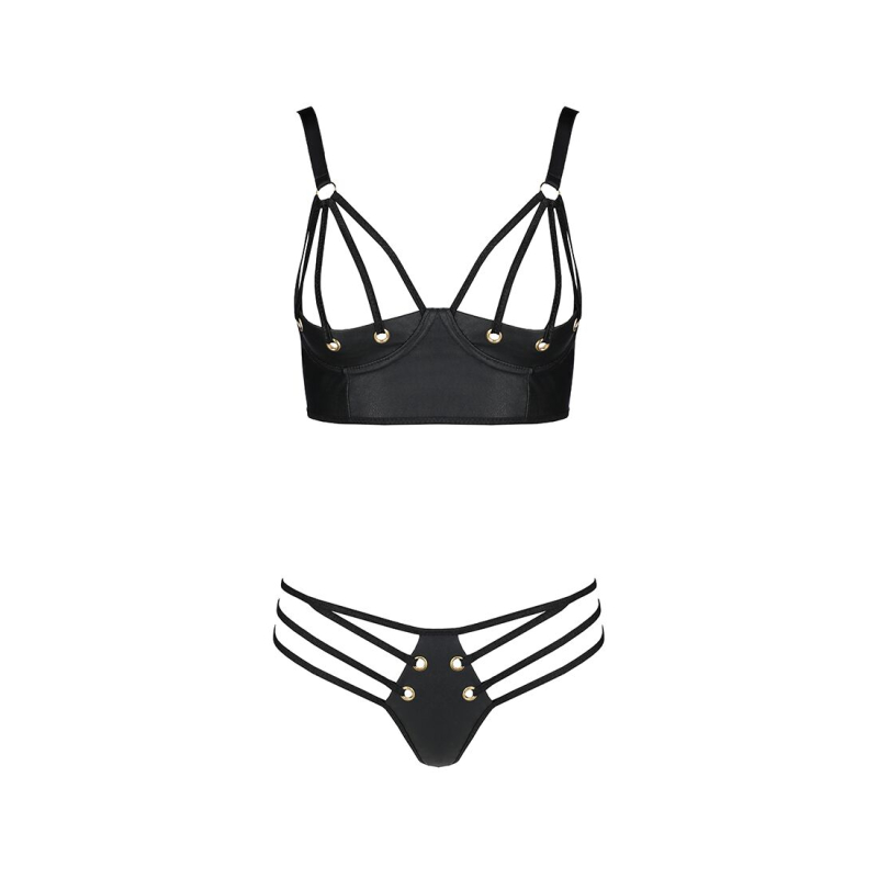 Комплект з екошкіри з люверсами та ремінцями Passion MALWIA BIKINI L/XL, чорний колір, бра та трусики