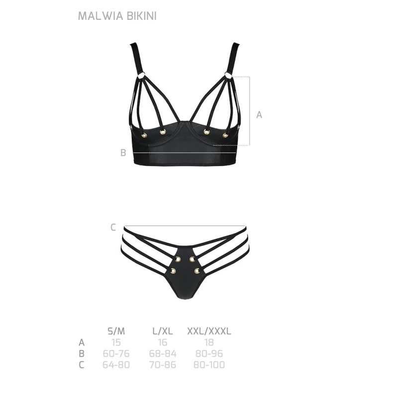 Комплект з екошкіри з люверсами та ремінцями Passion MALWIA BIKINI L/XL, чорний колір, бра та трусики