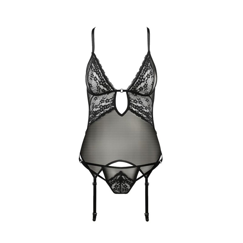 Корсет з декольте Passion ERZA CORSET 2XL/3XL, чорний колір, пажі, трусики, напівпрозорий