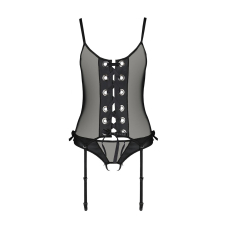 Корсет зі шнурівкою Passion NESSY CORSET S/M Чорний, стрінги з відкритим доступом, пажі для панчіх