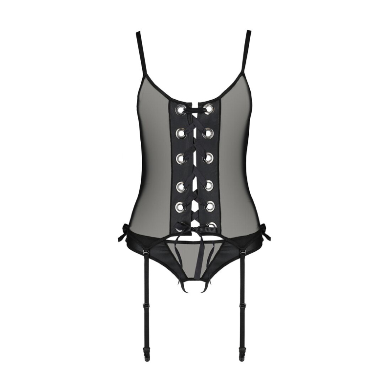 Корсет зі шнурівкою Passion NESSY CORSET S/M Чорний, стрінги з відкритим доступом, пажі для панчіх