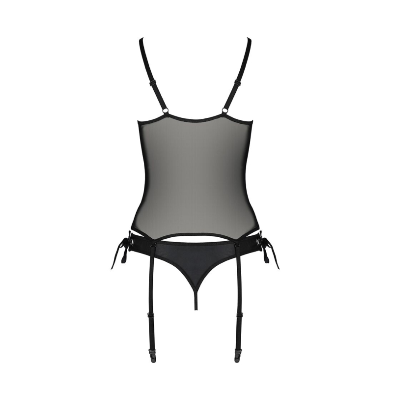 Корсет зі шнурівкою Passion NESSY CORSET S/M Чорний, стрінги з відкритим доступом, пажі для панчіх