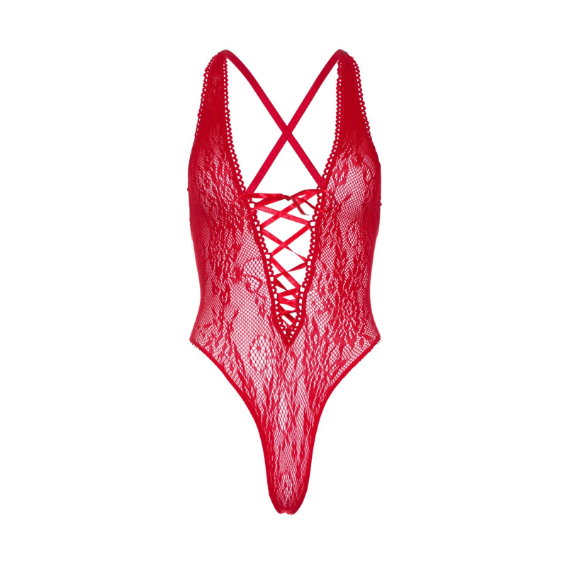 Кружевное боди Leg Avenue Floral lace thong teddy Красное, шнуровка на груди, one size