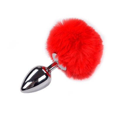 Металлическая анальная пробка Кроличий хвостик Alive Fluffy Plug L Red, диаметр 3.9 см